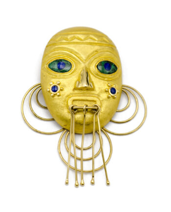 Gold Mask Pendant with Jade & Lapis