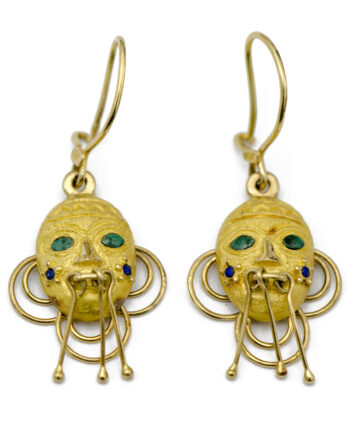 Gold Mask Earrings with Jade & Lapis