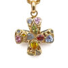 A 14 karat yellow gold, equal-armed cross with various semi-precious gemstones of different shapes and sizes bezel set into both faces of the pendant. The cross has a yellow gold o-ring bail that is shown with a rope chain threaded through it.