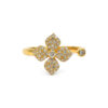 Floral Pavé Ring with four petals made of yellow gold and diamonds. The ring is open shank, with a bezel set diamond.