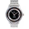 Omega DeVille stainless steel watch with round black dial that features an inner silvertoned ring. The watch has bars for markers, a date window at three o'clock, and a sweeping second hand. There are red indicators at the outside end of each bar marker, making it stand out against the black bezel ring.