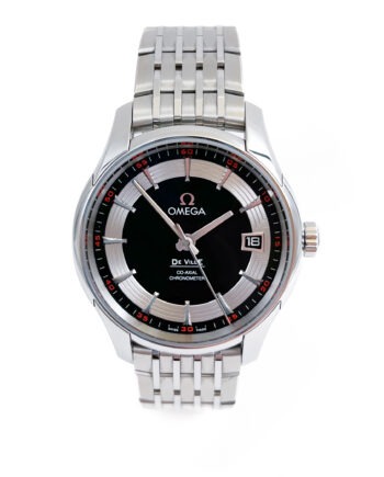 Omega DeVille stainless steel watch with round black dial that features an inner silvertoned ring. The watch has bars for markers, a date window at three o'clock, and a sweeping second hand. There are red indicators at the outside end of each bar marker, making it stand out against the black bezel ring.