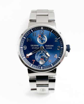 Blue dial, stainless steel Ulysses Nardin Marine Chronometer watch with numeral markerss and a date at six o'clock
