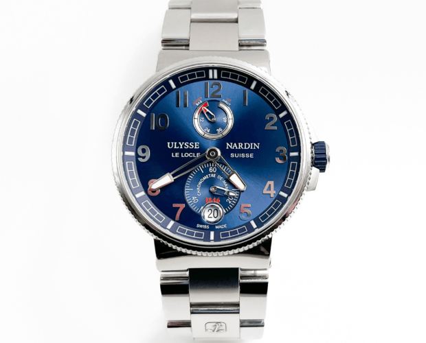 Blue dial, stainless steel Ulysses Nardin Marine Chronometer watch with numeral markerss and a date at six o'clock